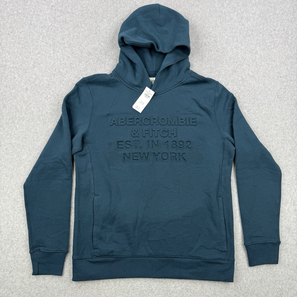 Abercrombie & Fitch Hoodie Mens Teal Medium Soft Fleece Puff Logo Pullover NEW